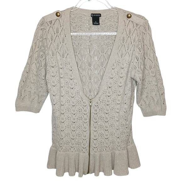 New Directions Taupe Y2K 1/2 Sleeve Ruffle Hem Zip Deep V Sweater Womens XL Boho - Picture 1 of 12